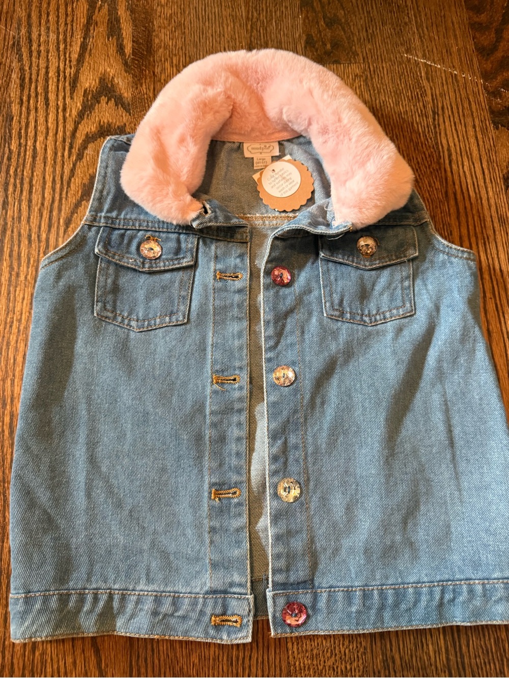 Mud Pie Blue Denim Vest with Pink Faux Fur Collar